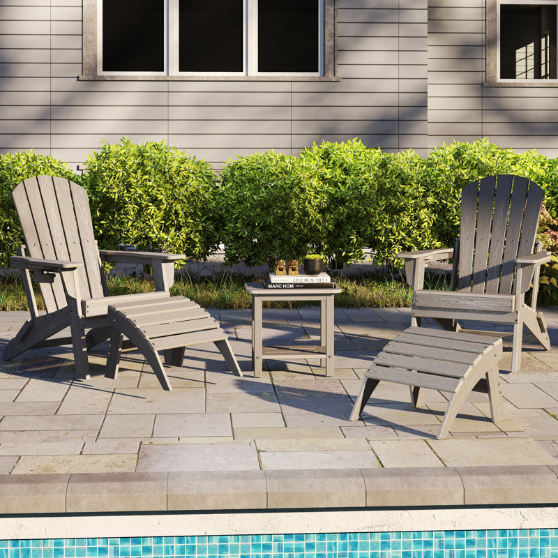 5-piece Hdpe Plastic Adirondack Chair Set With Side Table & Ottomans – All-weather Outdoor Patio Conversation Set, Gray