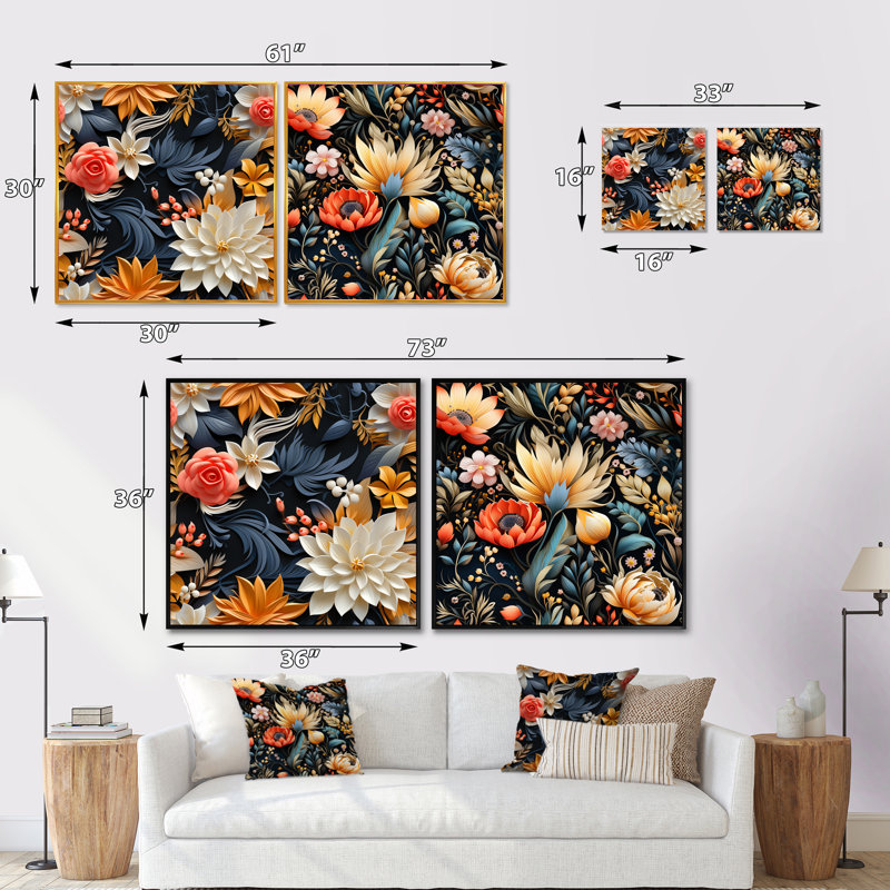 Eggen - Ensemble de 2 collages floraux carrés, Cadre flottant noir, H 36 po x l 73 po
