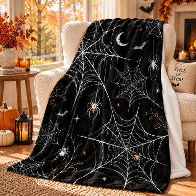 Black Spider Web Flannel Throw Blanket, White Web Moon Bat Print with Orange Accents, Lightweight Couch Blanket for Sofa Bed and Autumn Evenings, 30 x 40 in