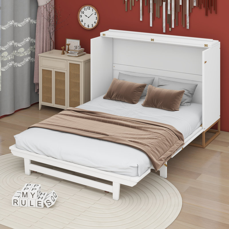 Grand lit escamotable avec pieds en métal, Blanc