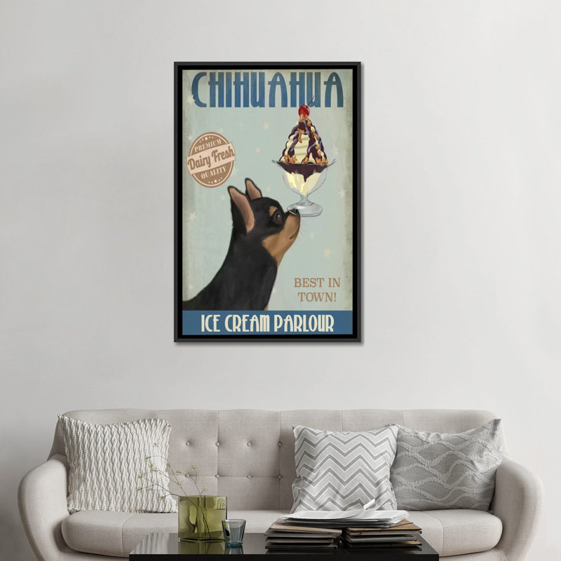 Fab Funky " Chihuahua, Black And Ginger, Ice Cream " by Fab Funky, Black Framed Canvas, 26" H x 18" W x 1.5" D, No Mat