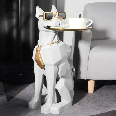 Modern Resin Dog Sculpture Cute End Table Side Table with Metal Storage Tray Tissue Box