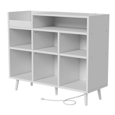 Meher 45" W Vinyl Record Storage Cabinet with Charging Station, Adjustable Open Shelves