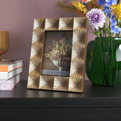 8” x 10” Gold Polyresin Photo Frame with Radiant Sunburst Design, Decorative Standing Picture Frame with 5” x 7” Opening for Tabletop, Mantel, Desk, or Shelf 