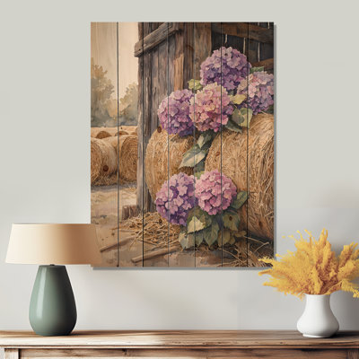 Hydrangeas In The Hayloft II - Hydrangea Wood Wall Decor - On Natural Pine Wood