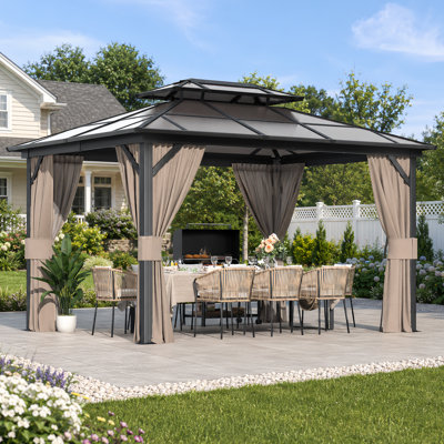 13 pi. L 10 pi. D Pavillon de jardin avec toit double en polycarbonate, structure et rideaux en aluminium pour le jardin, les pelouses et le patio