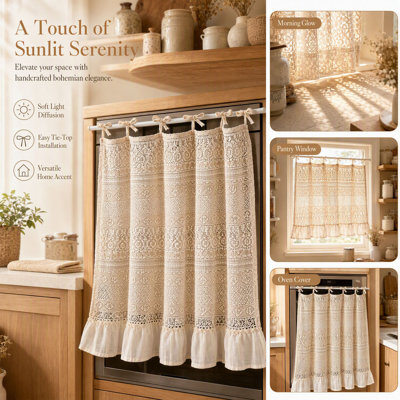 Rideau de cuisine/cantonnière en dentelle beige orné de perles décoratives en plastique et d'un ourlet à volants, style bohème, pour la décoration de la cuisine.