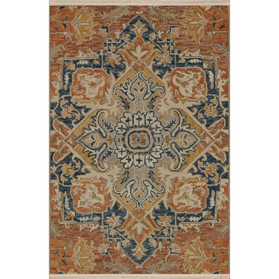Orange-Beige Themed Traditional Motif Patterned Fringed Vintage Decorative Rug
