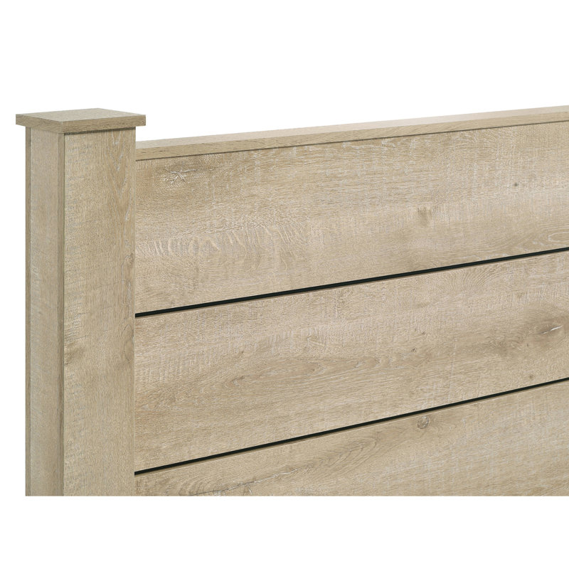 Grand lit à panneau avec finition en chêne patiné, poteaux carrés audacieux, lit de finition de chambre à coucher rustique, base solide de pieds de style colonne, élément décoratif