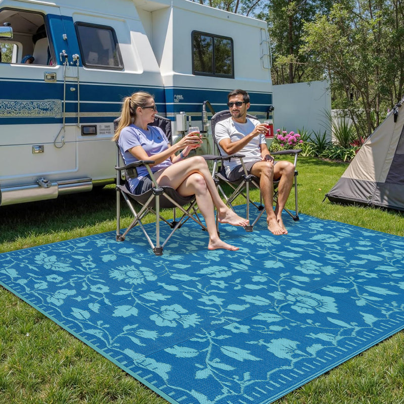 6x9 Waterproof Patio Rugs Modern Floral Reversible Mat for Front Door Rv Foldable Plastic Straw Carpet for Travel Trailers, Deck, Picnic, Porch, Camper, Balcony, Beach，Navy/Teal