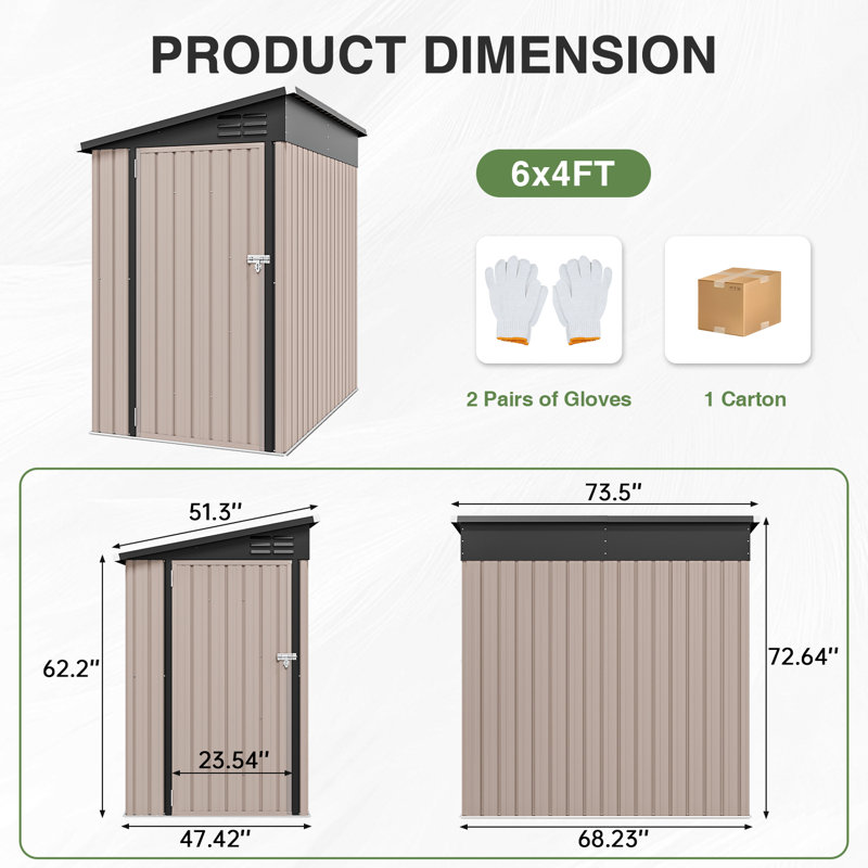 6' x 4' Metal Lean-To Storage Shed with Lockable Door and Sloped Roof
