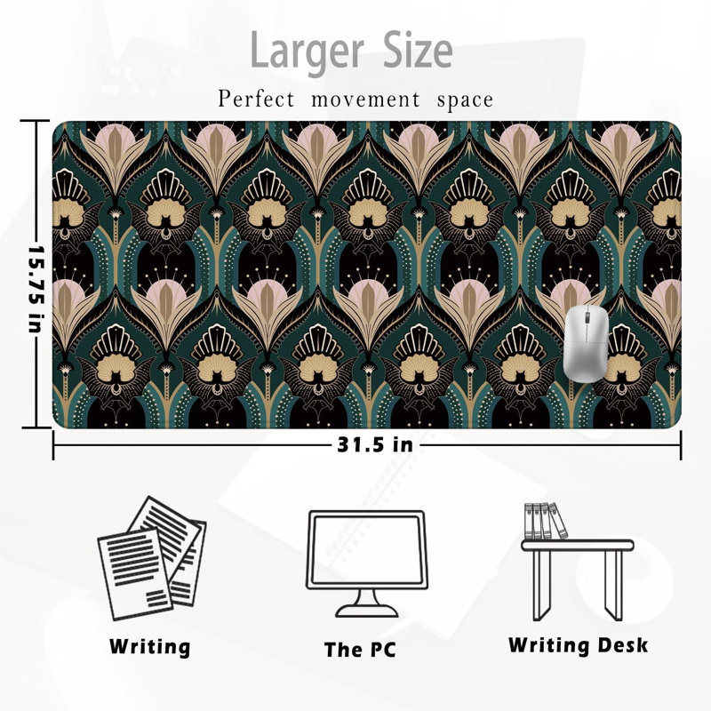 Tapis de souris Art Deco Floral 31,5 x 15,7 pouces, années 1920, chauves-souris et fleurs de style gothique minimaliste pour ordinateurs sans fil, accessoires de bureau d'ordinateur portable, fournitures de bureau gothiques