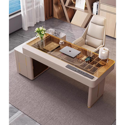 Modern Glass Desk + Drawer Cabinet Combo