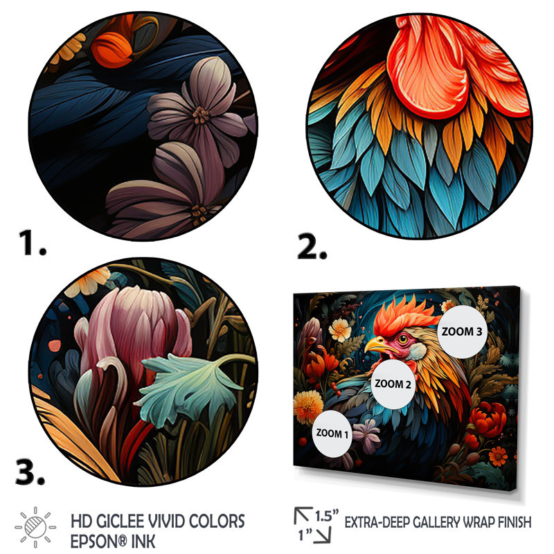 Coq coloré, prairie florale - coq animal, art mural, Cadre flottant doré, H 16 po x l 32 po x P 1 po
