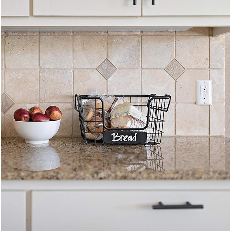 Black Steel Rectangular Stacking Wire Market Baskets with Chalk Label - Set of 2