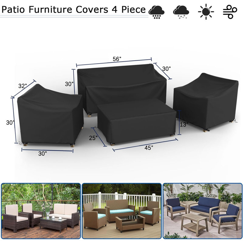 Waterproof Patio 4 Piece Set Covers for Outdoor Conversation Set, 30" H x 56" W x 30" D, Black
