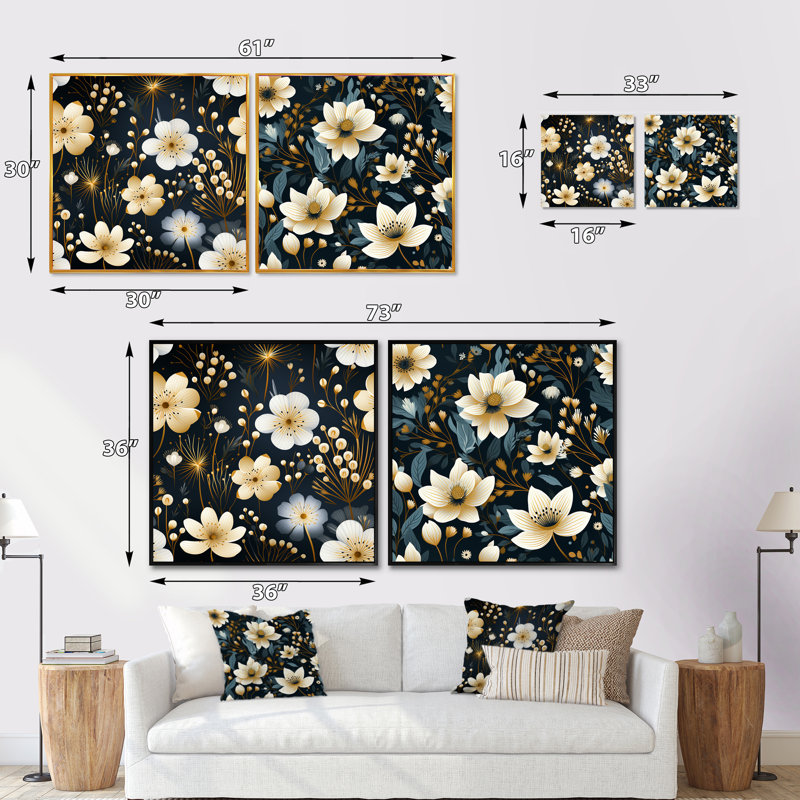 Hetre - Ensemble de 2 collages carrés floraux, H 16 po x l 33 po, Cadre flottant blanc