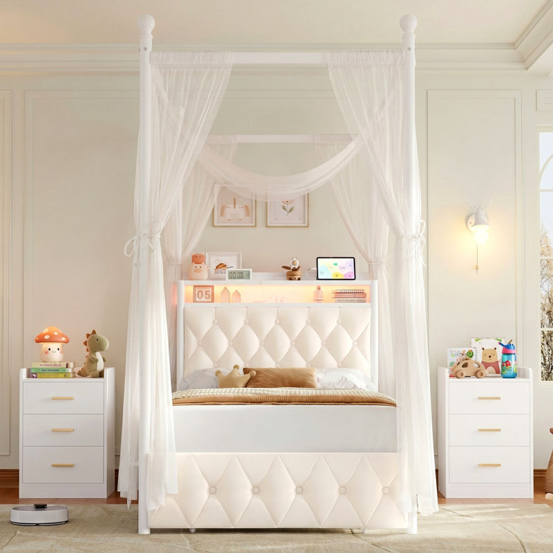 Kids Bedroom Set: LED Canopy Bed Frame with Charging Ports + 2 Nightstands with Outlets & Drawers (Creamy White, T Sizes)