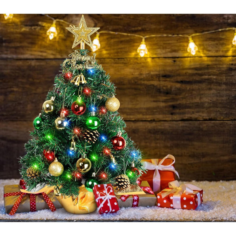 22-Inch Green Plastic Tabletop Christmas Tree with LED Lights and Ornaments