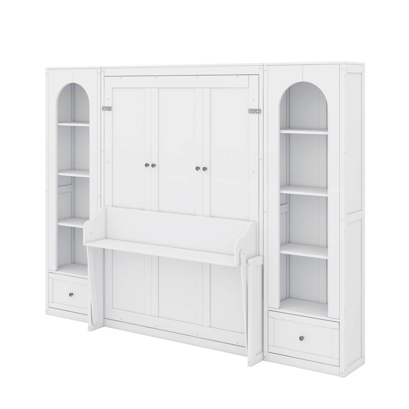 Grand lit escamotable grand format avec armoires de rangement, tiroirs, éclairage DEL et tablettes, Blanc