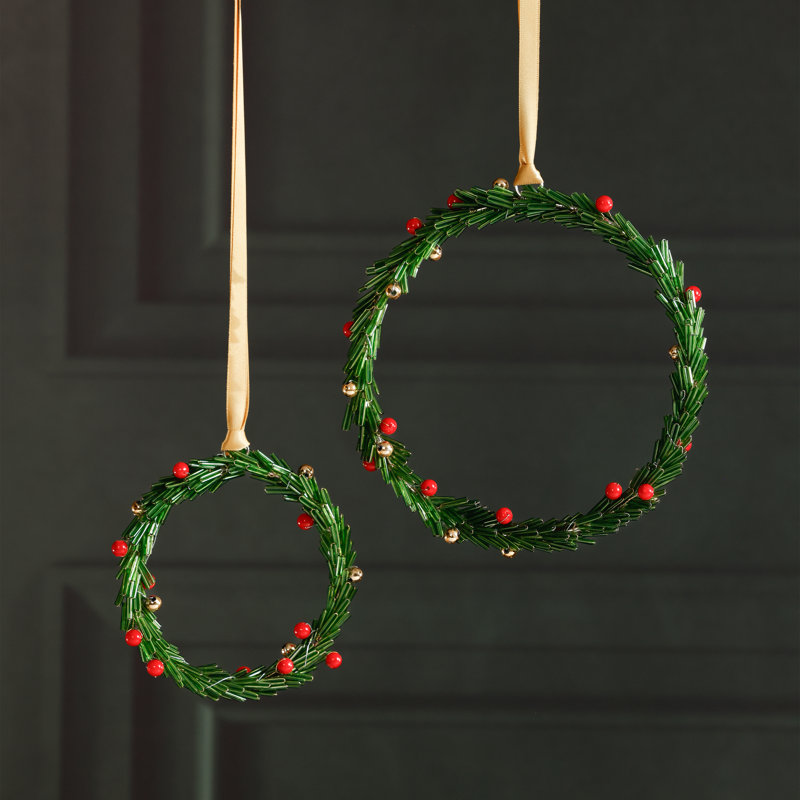 Ornements suspendus festifs en forme de couronne de Noël avec baies, ensemble de 12, H 6 po x l 6 po x P 0,75 po, Vert