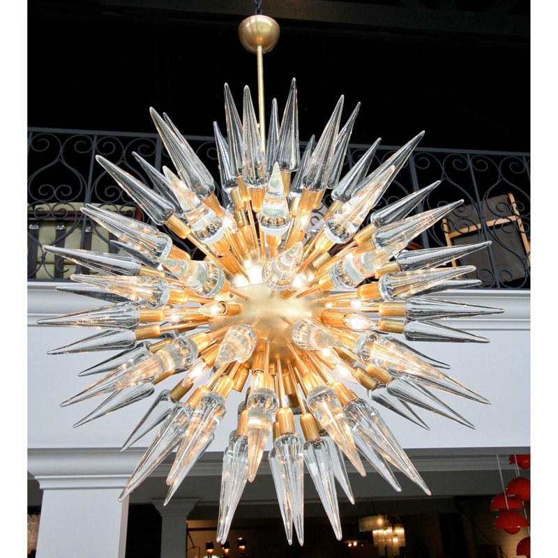 Lustre sphérique lumineux à DEL avec détails en verre, forme conique italienne, 52" Diameter x 68" Height, Transparent, Or