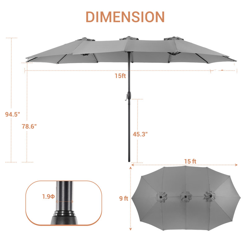 Sabrie 15 x 9 ft. Market Umbrella Large Double-Sided Patio Umbrella, Gray