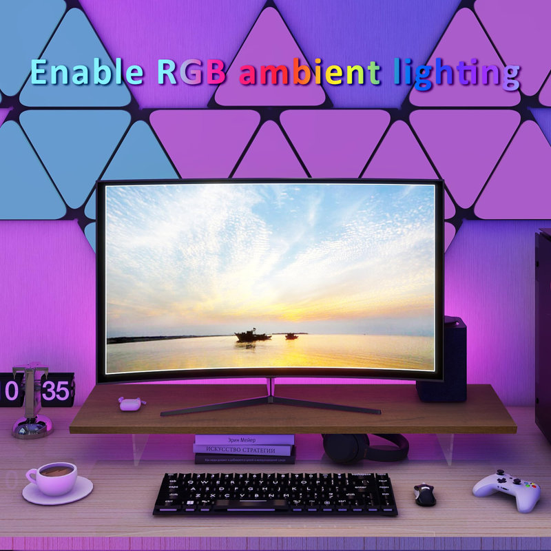 Monitor Stand Riser,Wood & Acrylic Computer Monitor Stand With LED Light,Desk Accessories Desktop Organizer Stand For Computer,Laptop,Printer,PC & TV Screen Riser
