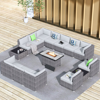 Ensemble de patio modulaire en osier toutes saisons pour 12 personnes avec coussins et foyer