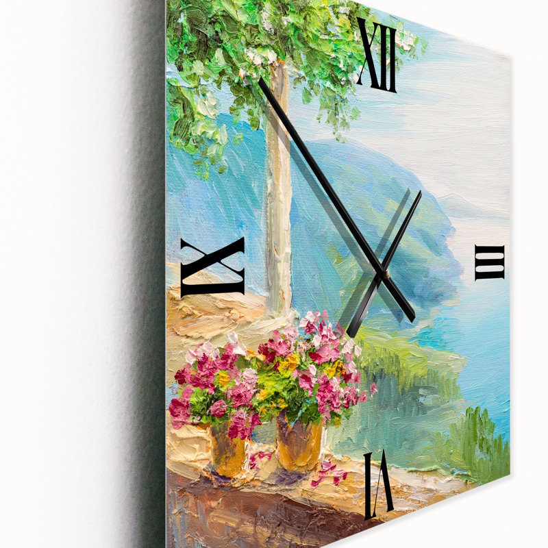 Horloge murale maison près de la mer avec fleurs, Très grand