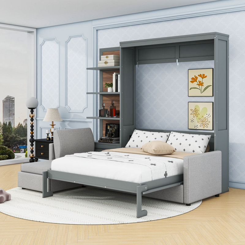 Grand lit escamotable avec canapé et tablettes, Gris