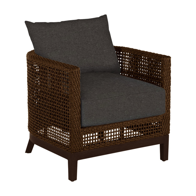 Fauteuil demi-tonneau d'extérieur en résine et en osier Peninces N-Dura, Acajou / châtaignier, Welt + bourre standard