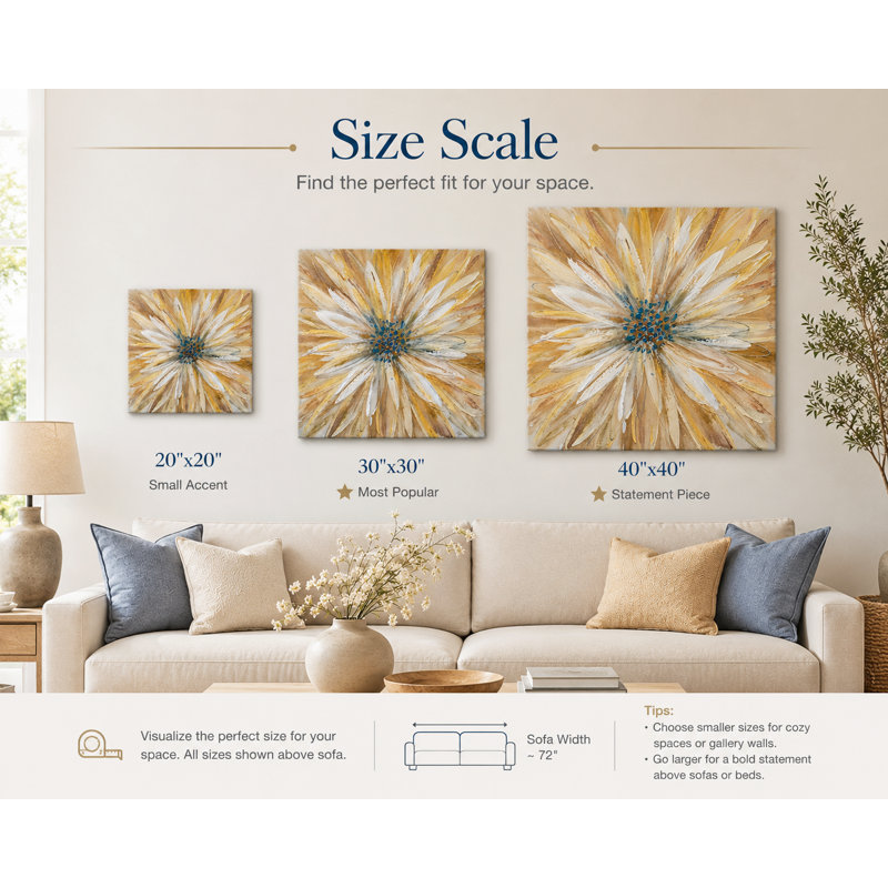 «Golden Daisy», reproduction d'art sur toile en beige et bleu, 40" H x 40" W x 1.5" D