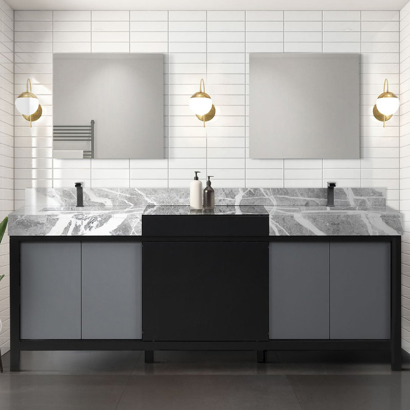 Ensemble de meuble-lavabo double avec plateau en marbre gris château et robinet en métal