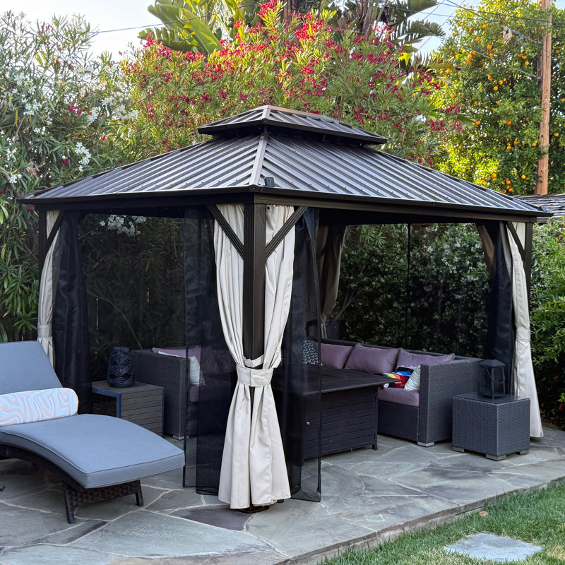 Toit double en acier galvanisé à toit rigide en acier galvanisé avec rideaux et filets pour terrasse pour l'extérieur