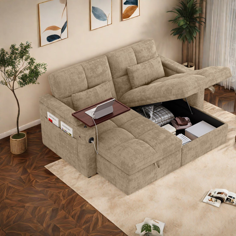 Canapés d'angle multifonctionnels avec rangement, chenille kaki, style moderne pour petits espaces., Beige
