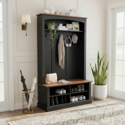 40.2" Wide Farmhouse Hall Tree With Bench, Entryway Coat Rack & Shoe Storage Cabinet With 5 Hooks, 71" Tall Mudroom Hall Tree With Adjustable Shelves For Hallway, Foyer, Black