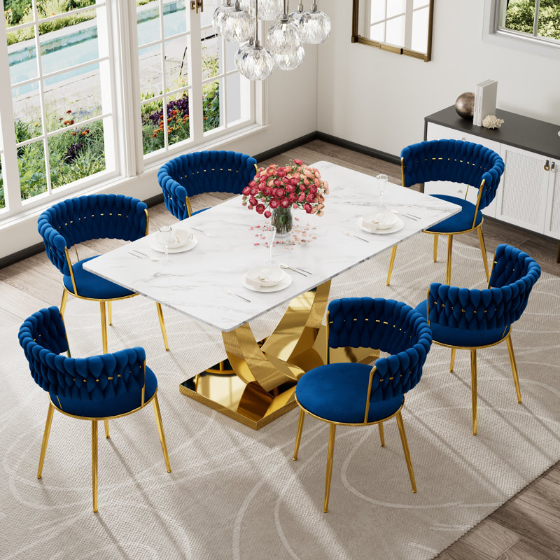 Rectangular Pedestal Dining Set with Modern Weaven Velvet Dininig Chair, Blue, Table, 6 Chairs
