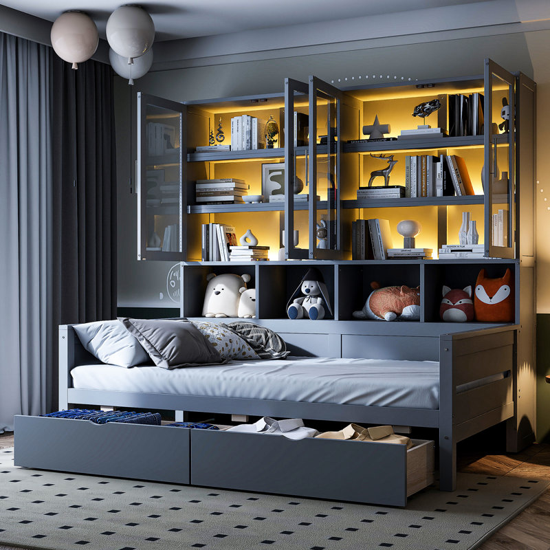 Lit de jour simple en bois avec éclairage à DEL et rangement efficace, éclairage d'ambiance de rangement à porte en verre de taille grise,