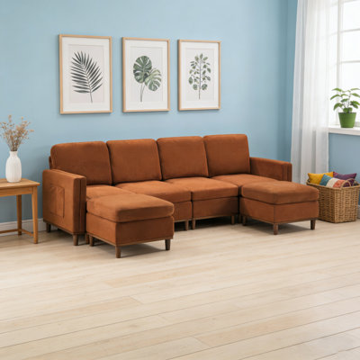 Canapé moelleux moderne avec rembourrage en tissu doux - capacité de 4 sièges, offert en brun / bleu / orange / blanc, idéal pour concevoir des espaces de détente confortables dans les salons, des zones de repos relaxantes dans les bureaux