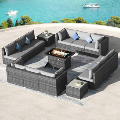 15-Piece Outdoor Modular PE Wicker Sectional Conversation Set with 43" Propane Fire Pit Table, 2 Side Tables & Cushions