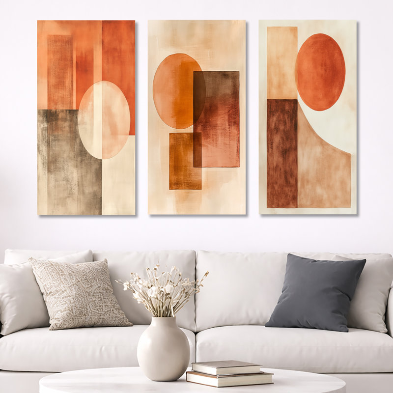 Moderne géométrie Flow Ii - terre cuite équilibre - ensemble abstrait d'art mural encadré de 3, H 40 po x l 60 po