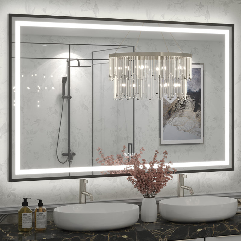Molly Black Metal Framed LED Front Light and Backlit Anti-Fog Wall Bathroom/ Vanity Mirror, 57" x 36", Black