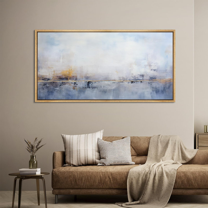 Paysage minimaliste abstrait bleu et jaune, H 30 po x l 60 po, Naturel