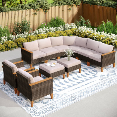 Shutesbury 9 Piece Wicker Outdoor Patio Furniture Set, Stylish Rattan Sectional Patio Set with Beige Cushions