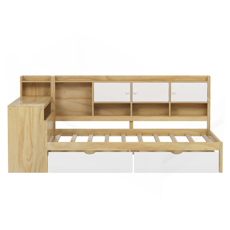 Wooden L-Shape Daybed with Seven Storage Cabinets and Two Storage Drawers, Multi-functional Bed with Study Desk and Built-in Bookshelf