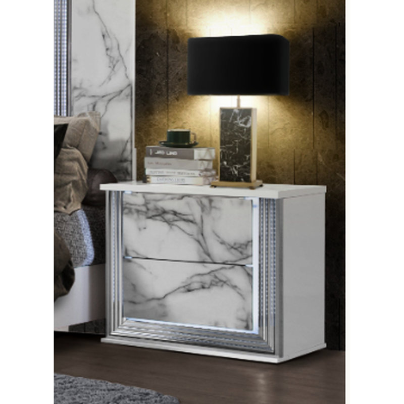 Table de nuit à DEL en marbre blanc, vision épurée moderne, caractéristiques riches, haute brillance, bois massif +, P 26,65 po, l 17 po, H 25,15 po, table de chevet de 62,27 lb, conception avec accents, profondeur, largeur, hauteur,