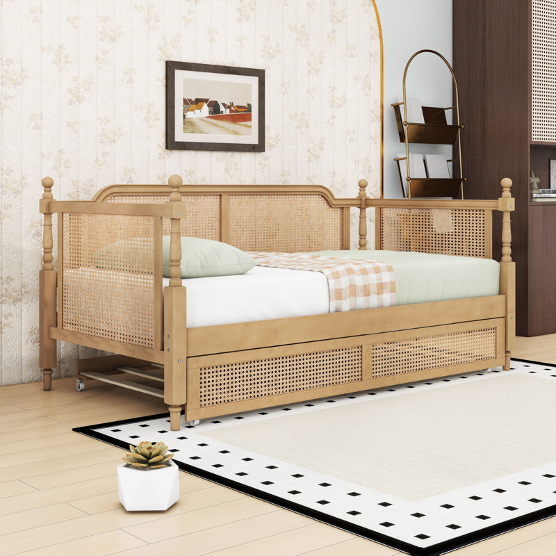 Wood Daybed with Trundle and Rattan Frame, Twin, Antique Walnut