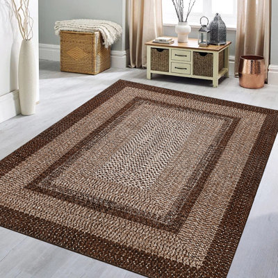 Grand tapis tressé 10 x 13 po, tapis lavable pour le salon, tapis décoratif rétro, tapis à imprimé tressé, tapis de cuisine à poils courts sans perte avec envers antidérapant, tapis brun pliable et esthétique
