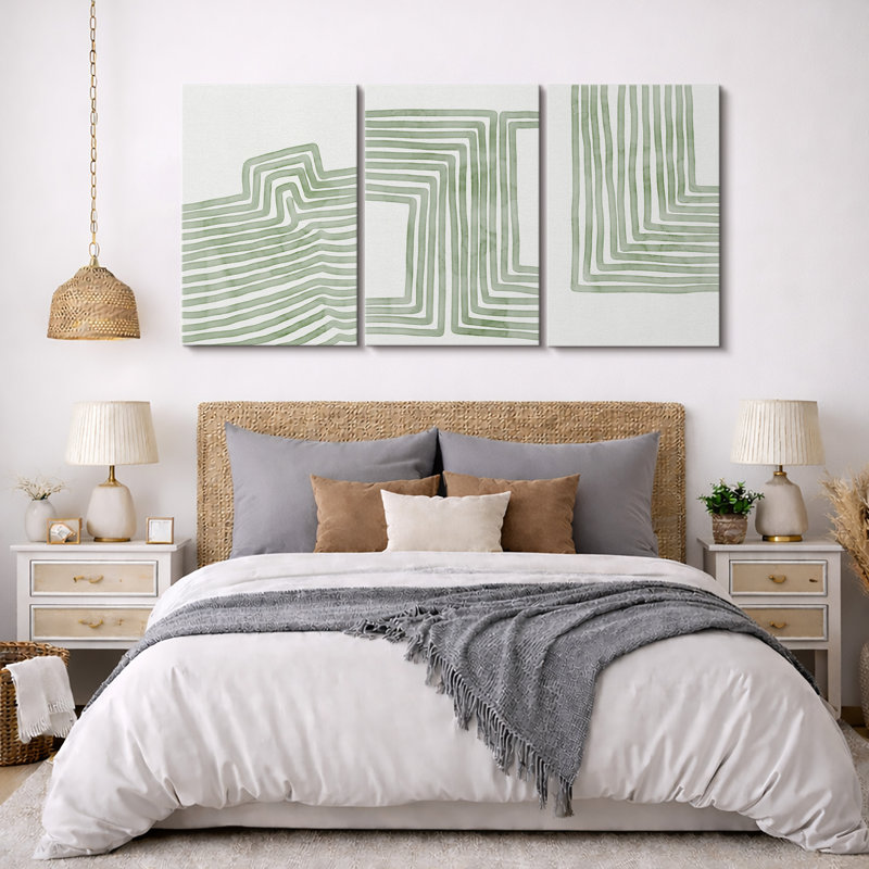 «Lin», art géométrique linéaire rayé vert doux, images murales minimalistes abstraites biologiques modernes, impression sur toile encadrée, 3 pièces, art mural: 16 po x 24 po x 3 pièces, 24 po x 36 po x 3 pièces